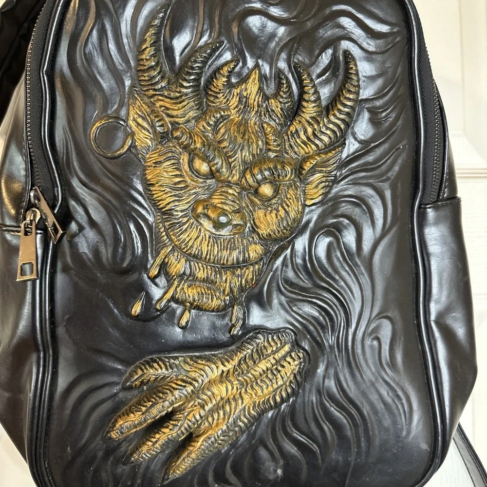 3D Embossed Dragon Backpack Gothic Horned Gargoyle Demon Face Punk Dark Fantasy